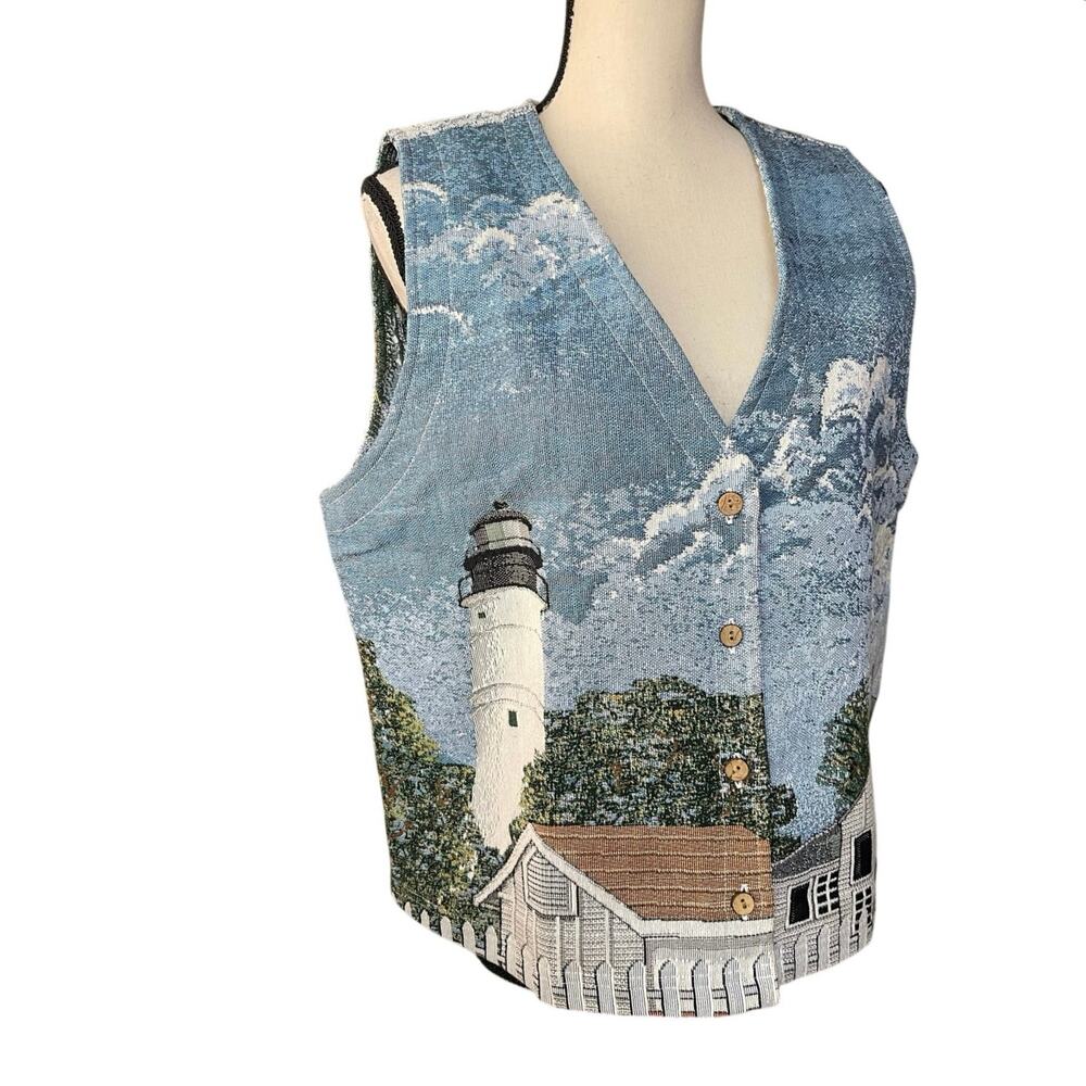 Blair Scenic Lighthouse Print Vest in Blue, White, Brown. Vintage grandmacore - Picture 8 of 12